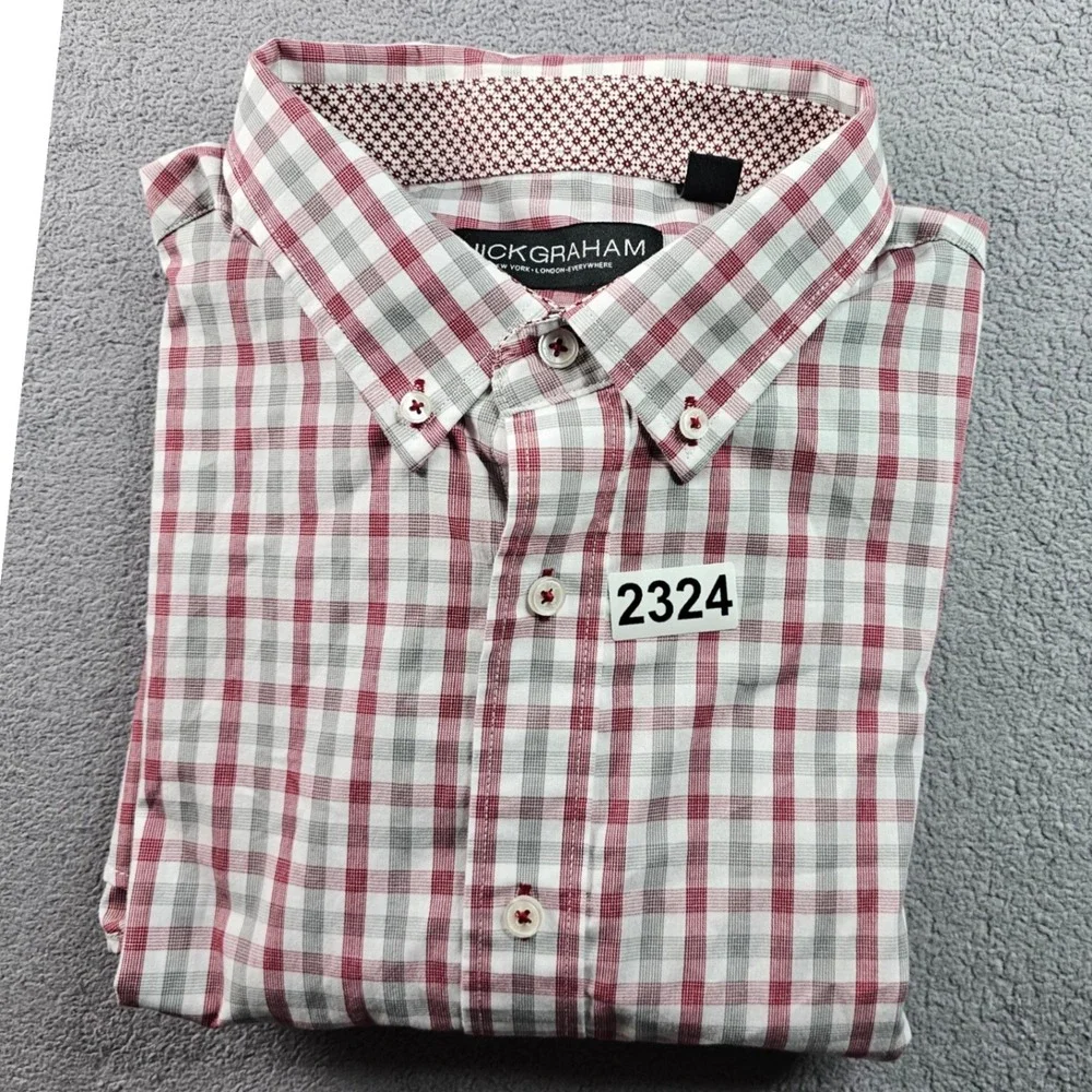 Nick Graham Dress Shirt Men's L Red Gray Gingham Modern Fit Collared Button Down